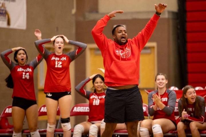 Arbor View Head Coach Josh Baugus and the bench celebrate a point during the high school volley ...