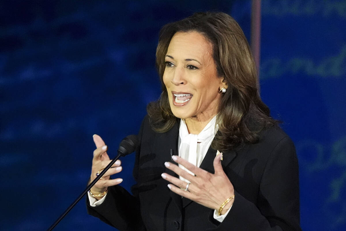 Democratic presidential nominee Vice President Kamala Harris speaks during a presidential debat ...