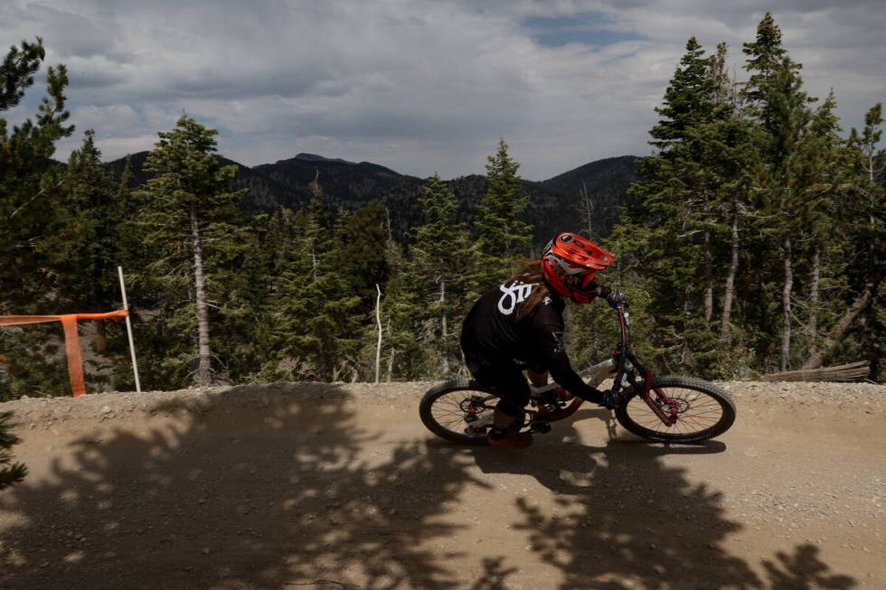 A mountain biker rounds a curve at Lee Canyon on Saturday, Sept. 7, 2024, at Mount Charleston. ...