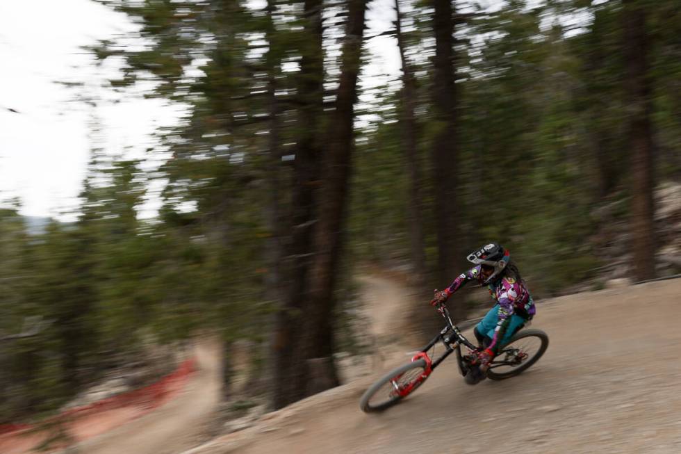 A mountain biker steers through switchbacks on the trails at Lee Canyon on Saturday, Sept. 7, 2 ...