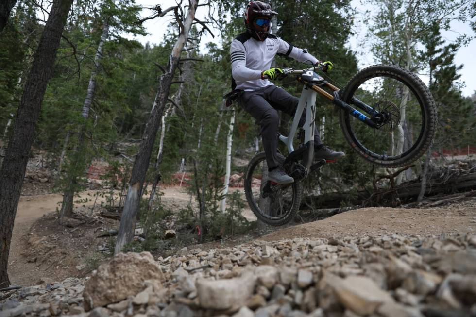 A mountain biker gets some air at Lee Canyon on Saturday, Sept. 7, 2024, at Mount Charleston. ( ...