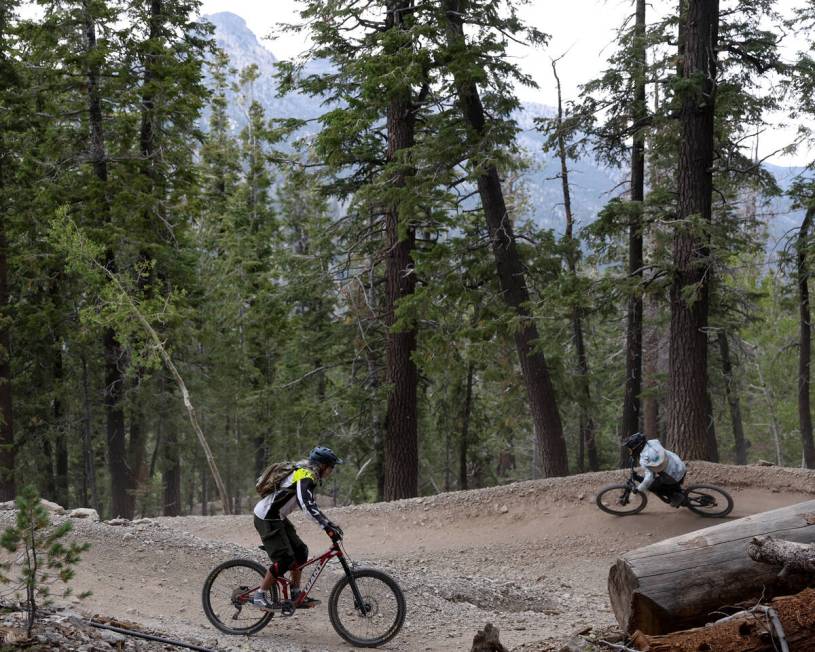 Mountain bikers roll down the course at Lee Canyon on Saturday, Sept. 7, 2024, at Mount Charles ...