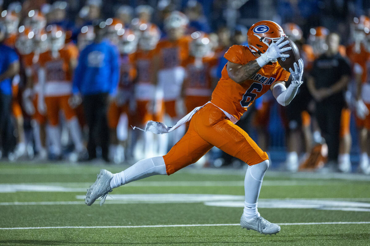 Bishop Gorman wide receiver Brandon Gaea (6) pulls in a pass against Orange Lutheran during the ...