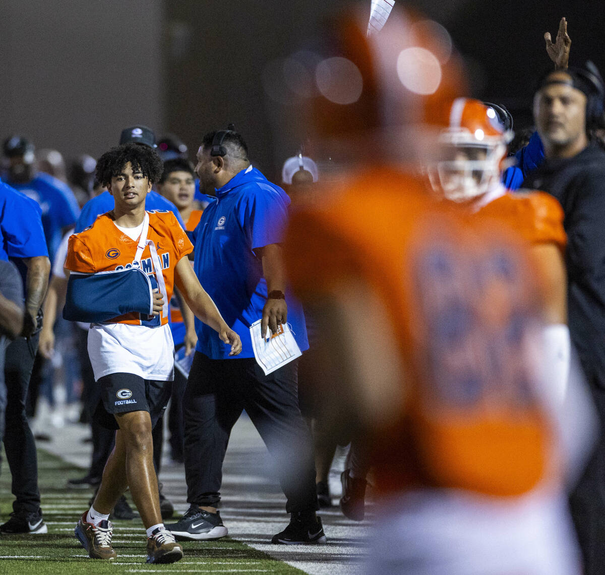 Bishop Gorman quarterback Melvin Spicer IV (2) watches his team score from the sidelines agains ...