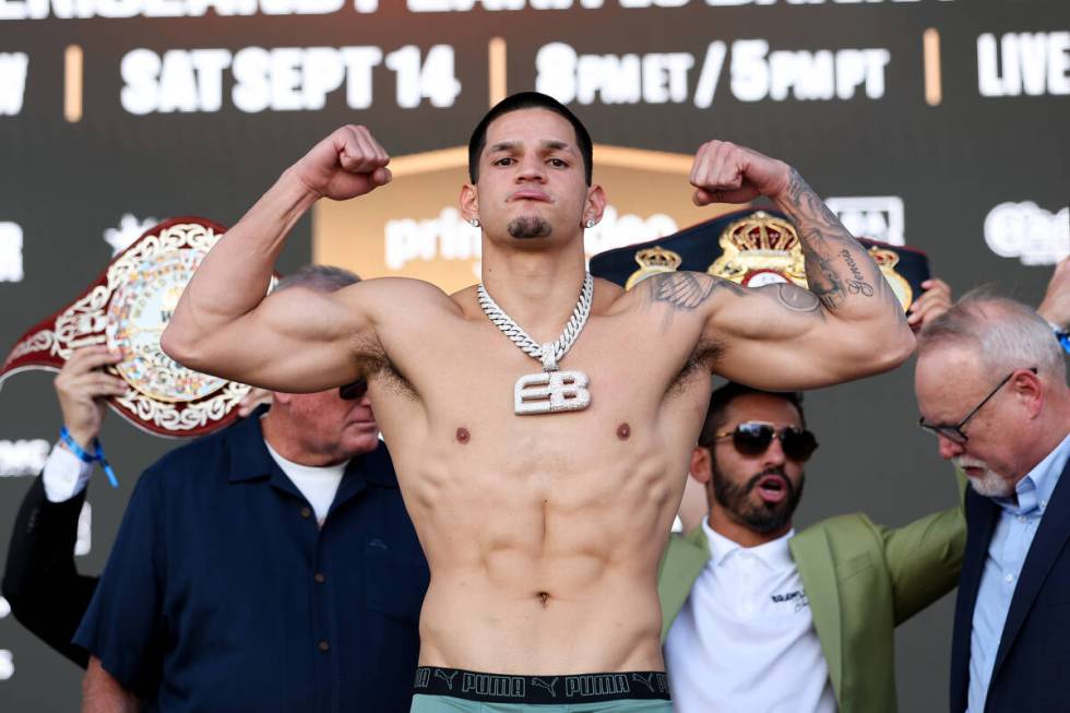 Edgar Berlanga flexes during a weigh in ahead of his super middleweight boxing bout against Can ...