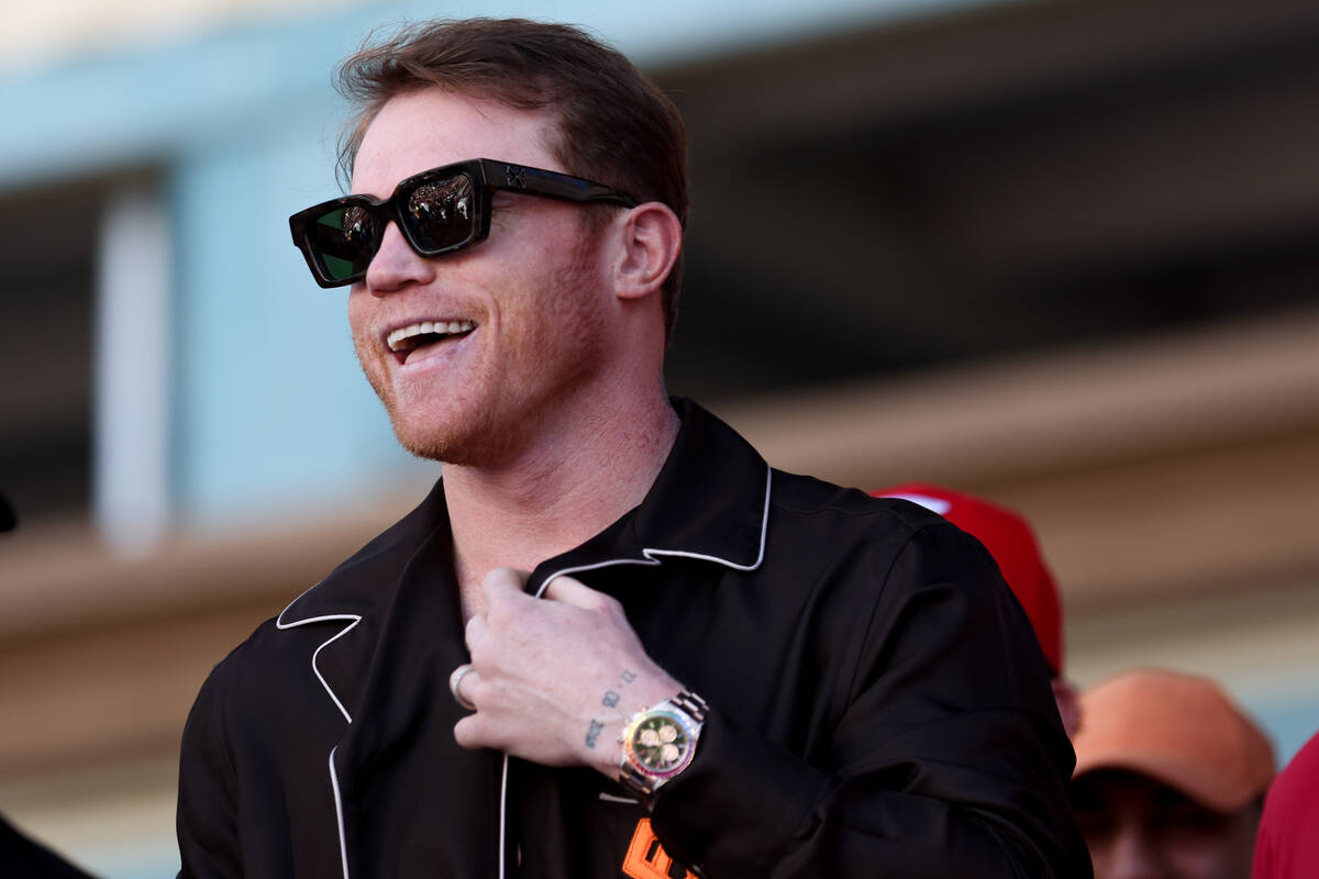 Canelo Alvarez smiles during weigh in ahead of his super middleweight title boxing bout against ...