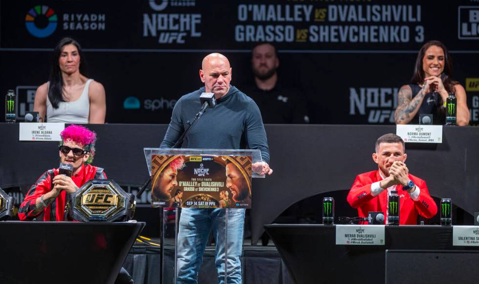 Sean O'Malley, left, talks about his fight with Merab Dvalishvili, right, for their Bantamweigh ...