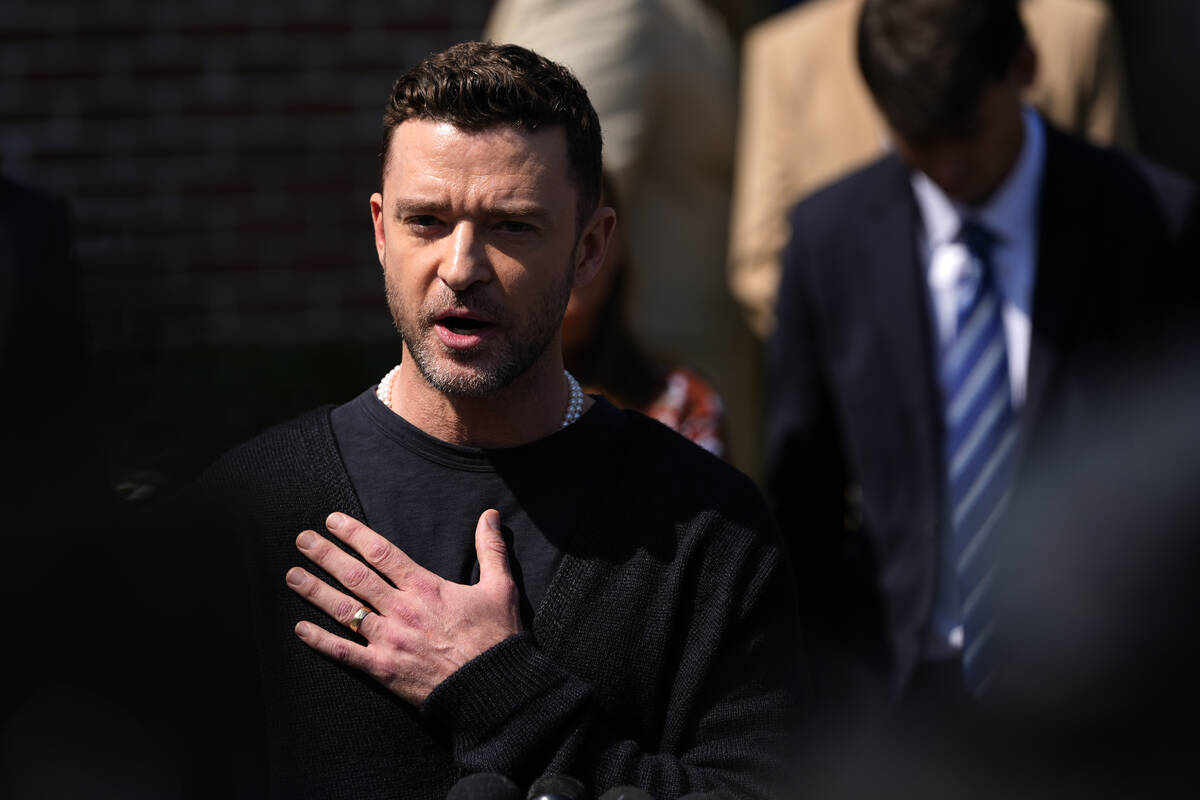 Justin Timberlake speaks to the press after a court hearing, Friday, Sept. 13, 2024, in Sag Har ...