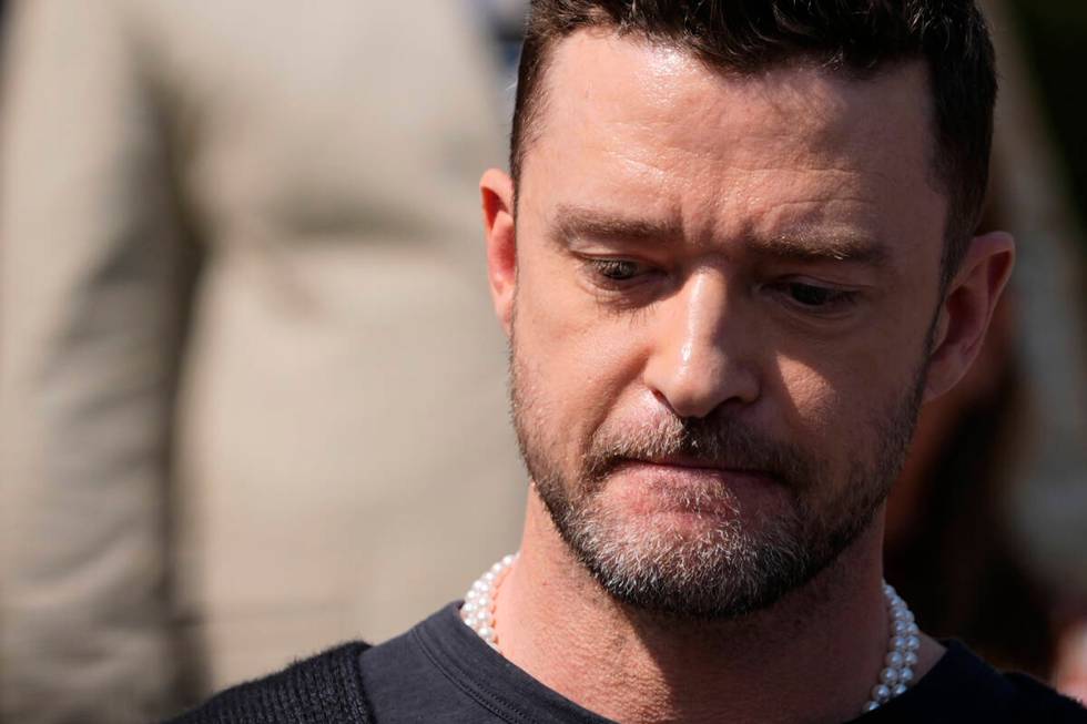 Justin Timberlake speaks to the press after a court hearing, Friday, Sept. 13, 2024, in Sag Har ...