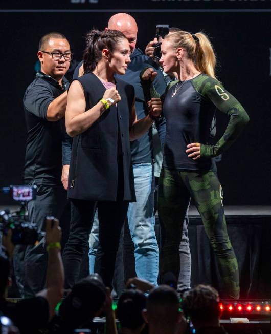 Fighters Alexa Grasso, left, and Valentina Shevchenko face off during the UFC 306 press confere ...