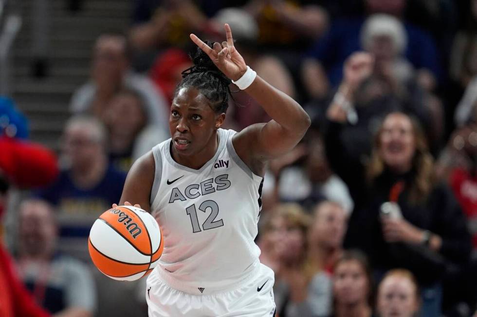 Las Vegas Aces' Chelsea Gray dribbles during the second half of a WNBA basketball game against ...