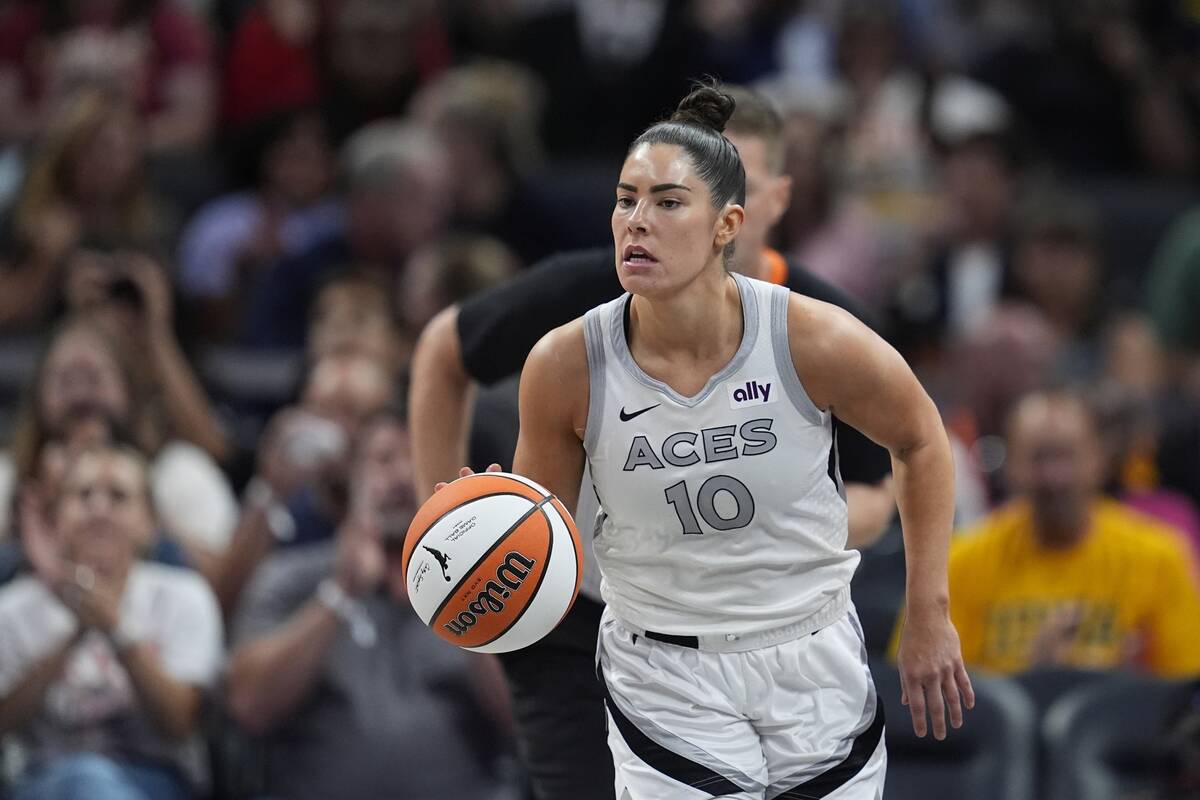 Las Vegas Aces' Kelsey Plum dribbles during the second half of a WNBA basketball game against t ...