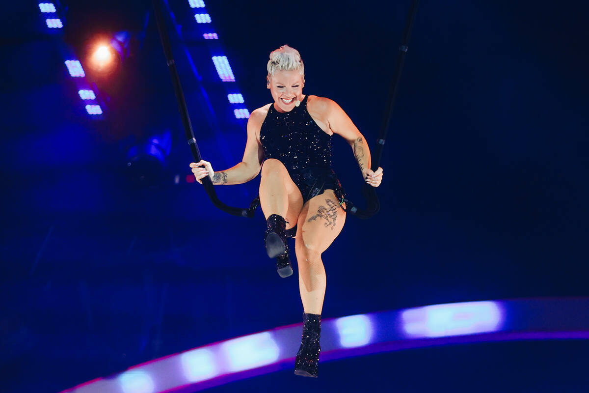 Pink performs during a stop on her “Summer Carnival Tour” at Allegiant Stadium on ...