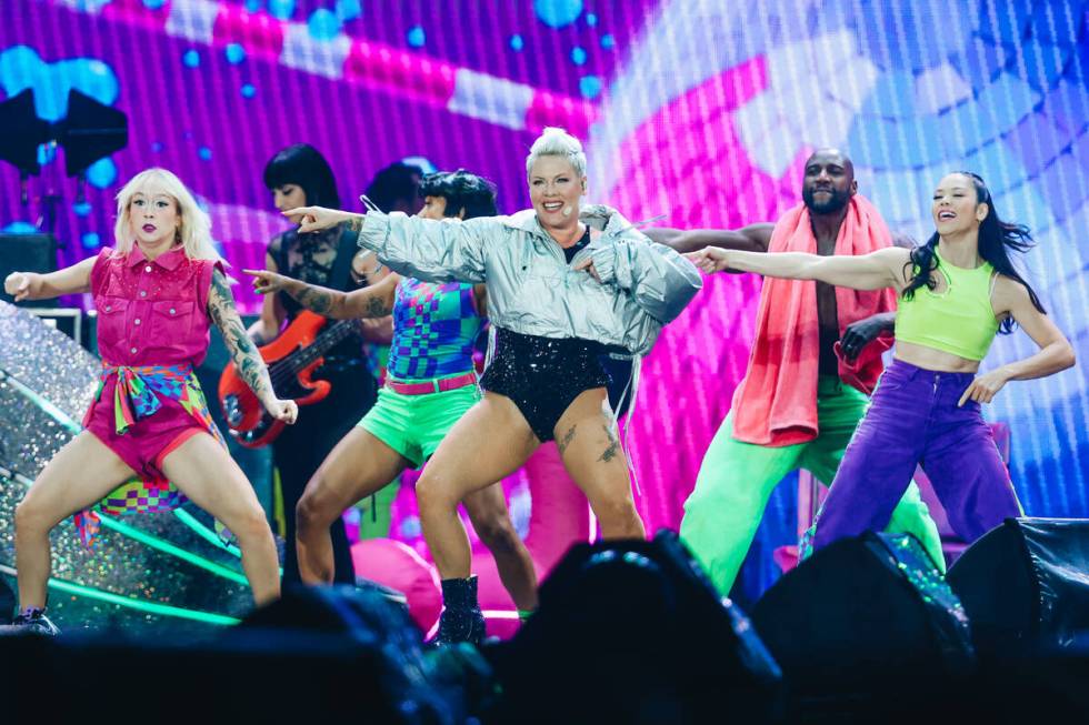 Pink performs during a stop on her “Summer Carnival Tour” at Allegiant Stadium on ...