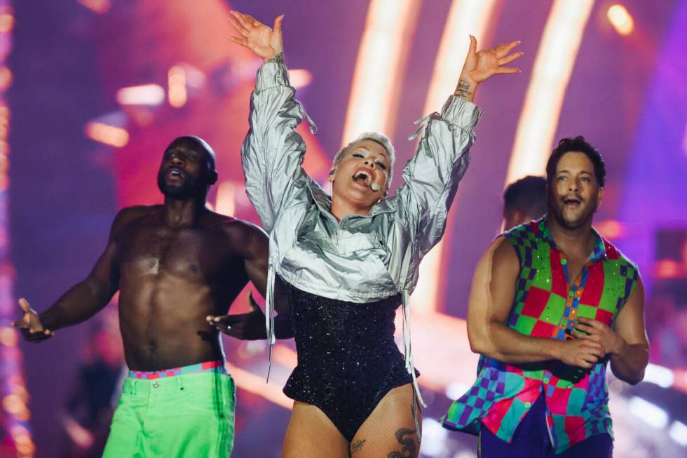 Pink performs during a stop on her “Summer Carnival Tour” at Allegiant Stadium on ...