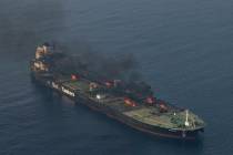 This photo released by the European Union's Operation Aspides naval force shows the oil tanker ...