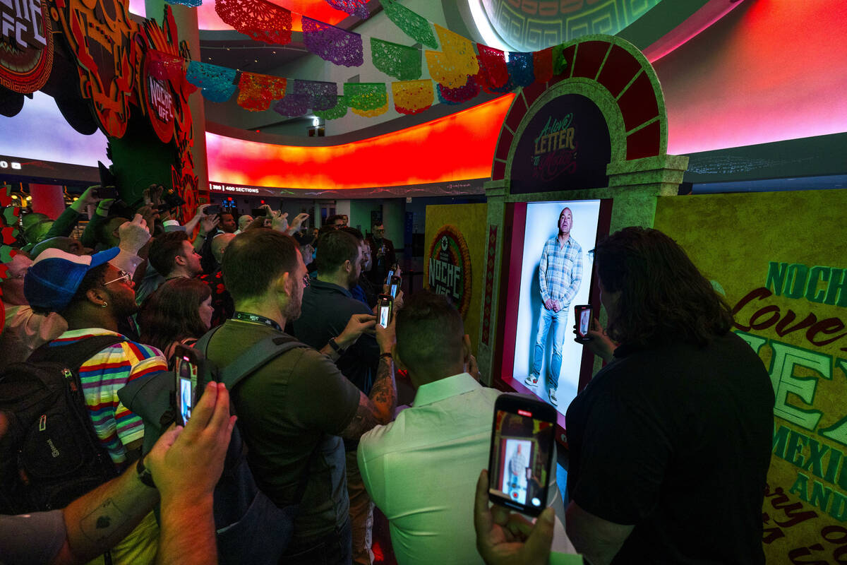 A virtual Dana White is viewed on the main concourse during UFC 306: Riyadh Season Noche at the ...