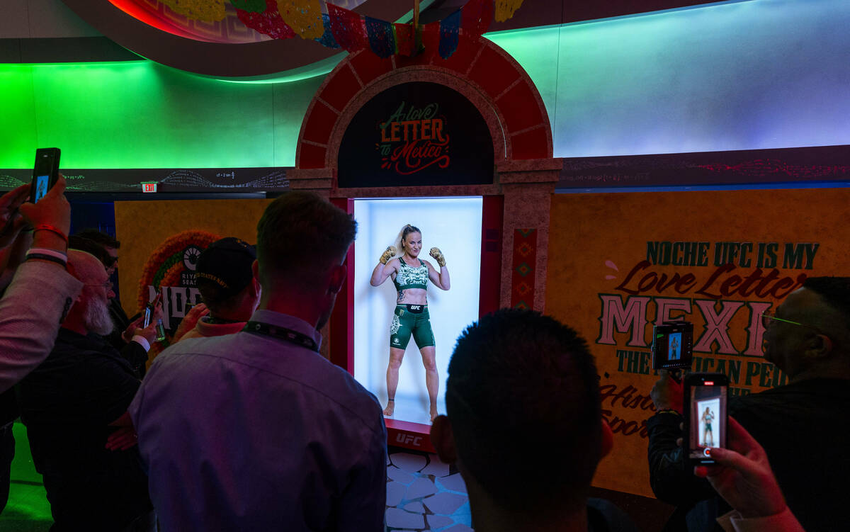 A virtual fighter Valentina Shevchenko is viewed on the main concourse during UFC 306: Riyadh S ...