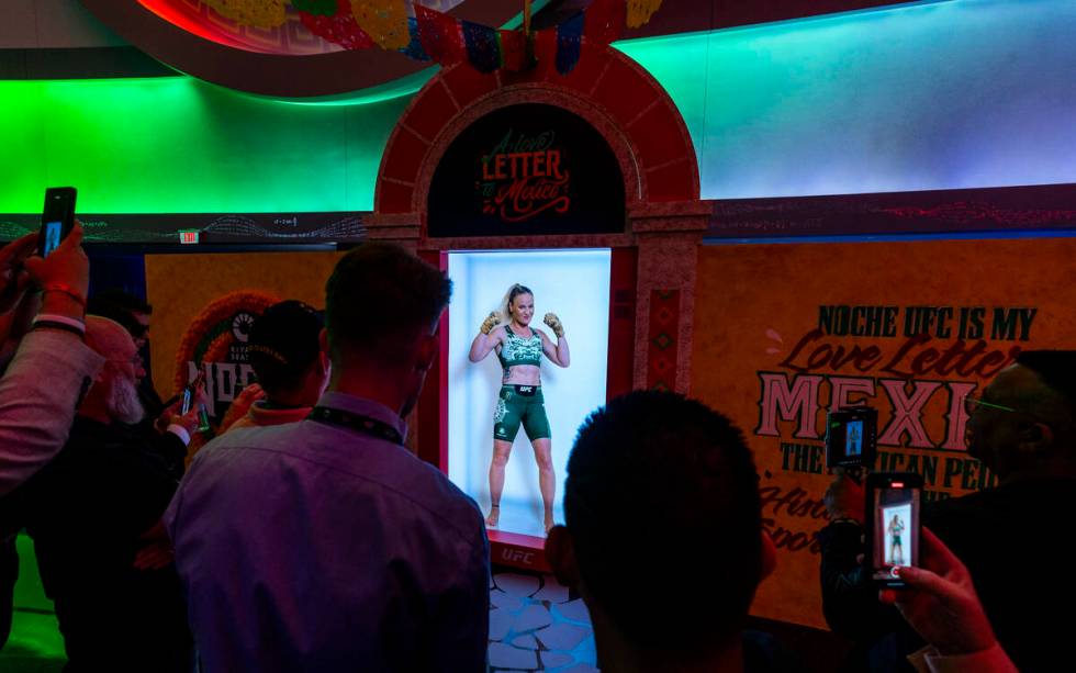 A virtual fighter Valentina Shevchenko is viewed on the main concourse during UFC 306: Riyadh S ...