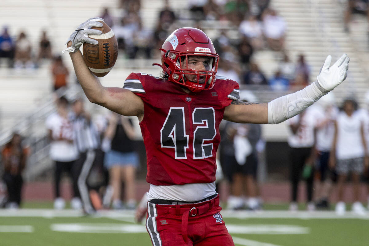 Arbor View linebacker Christian Thatcher (42) celebrates an interception during the Class 5A hi ...