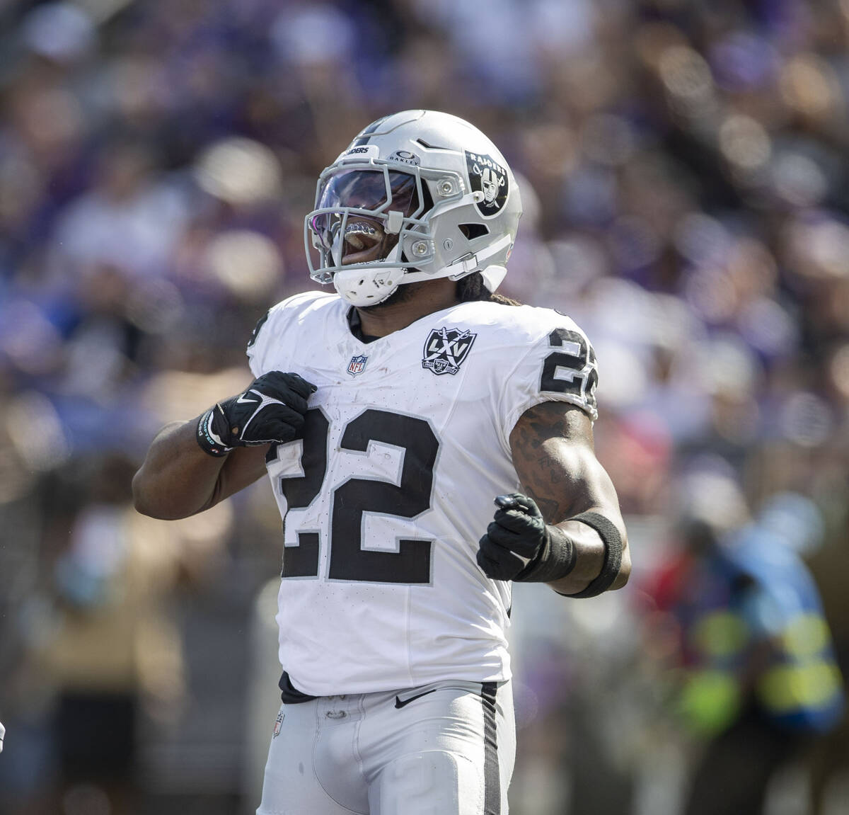 Raiders running back Alexander Mattison (22) celebrates his touchdown score during the second h ...