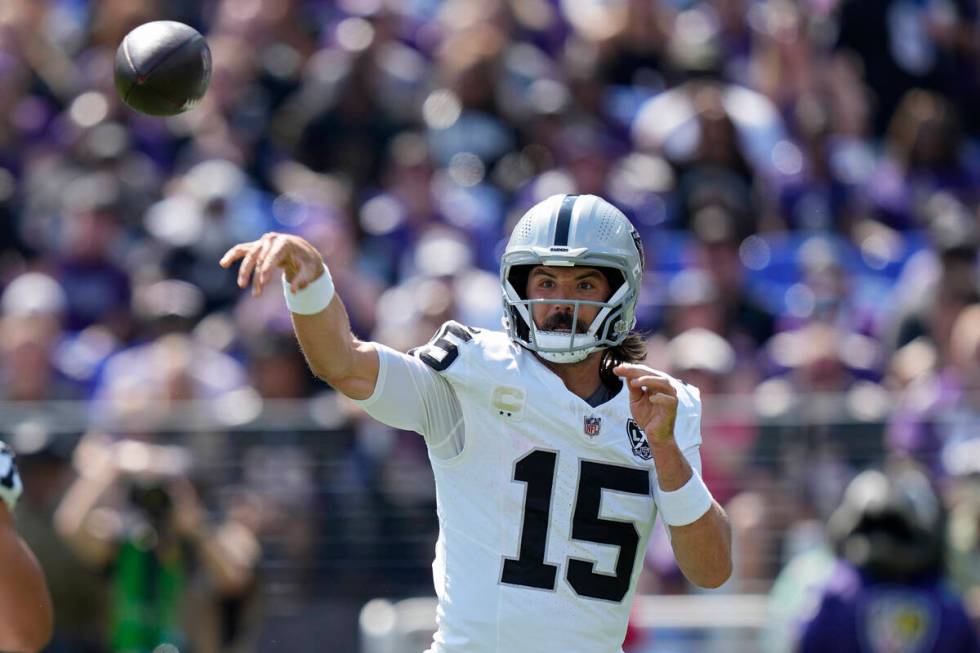 Las Vegas Raiders quarterback Gardner Minshew (15) throws against the Baltimore Ravens during t ...