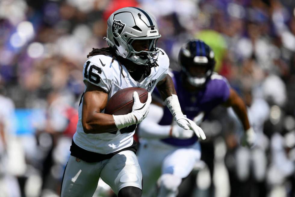 Las Vegas Raiders wide receiver Jakobi Meyers (16) runs against the Baltimore Ravens during the ...