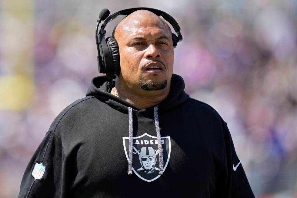 Las Vegas Raiders head coach Antonio Pierce during the first half of an NFL football game again ...