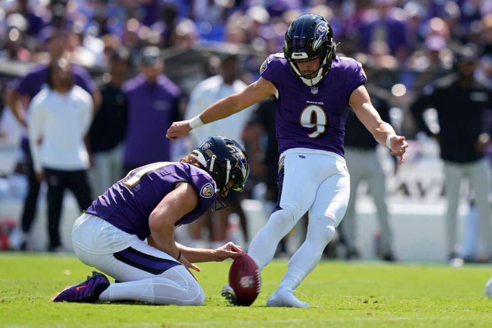 Baltimore Ravens place kicker Justin Tucker (9) kicks a field goal against the Las Vegas Raider ...