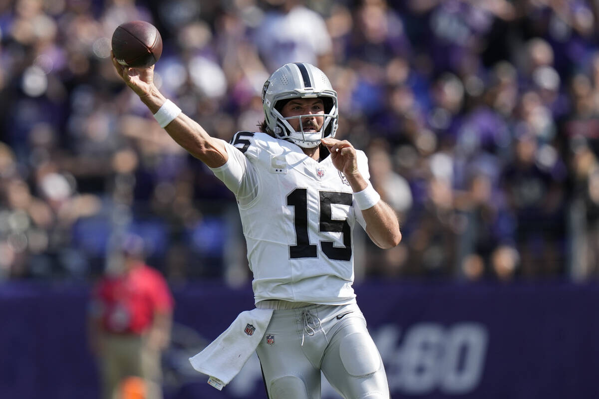 Las Vegas Raiders quarterback Gardner Minshew (15) throws against the Baltimore Ravens during t ...