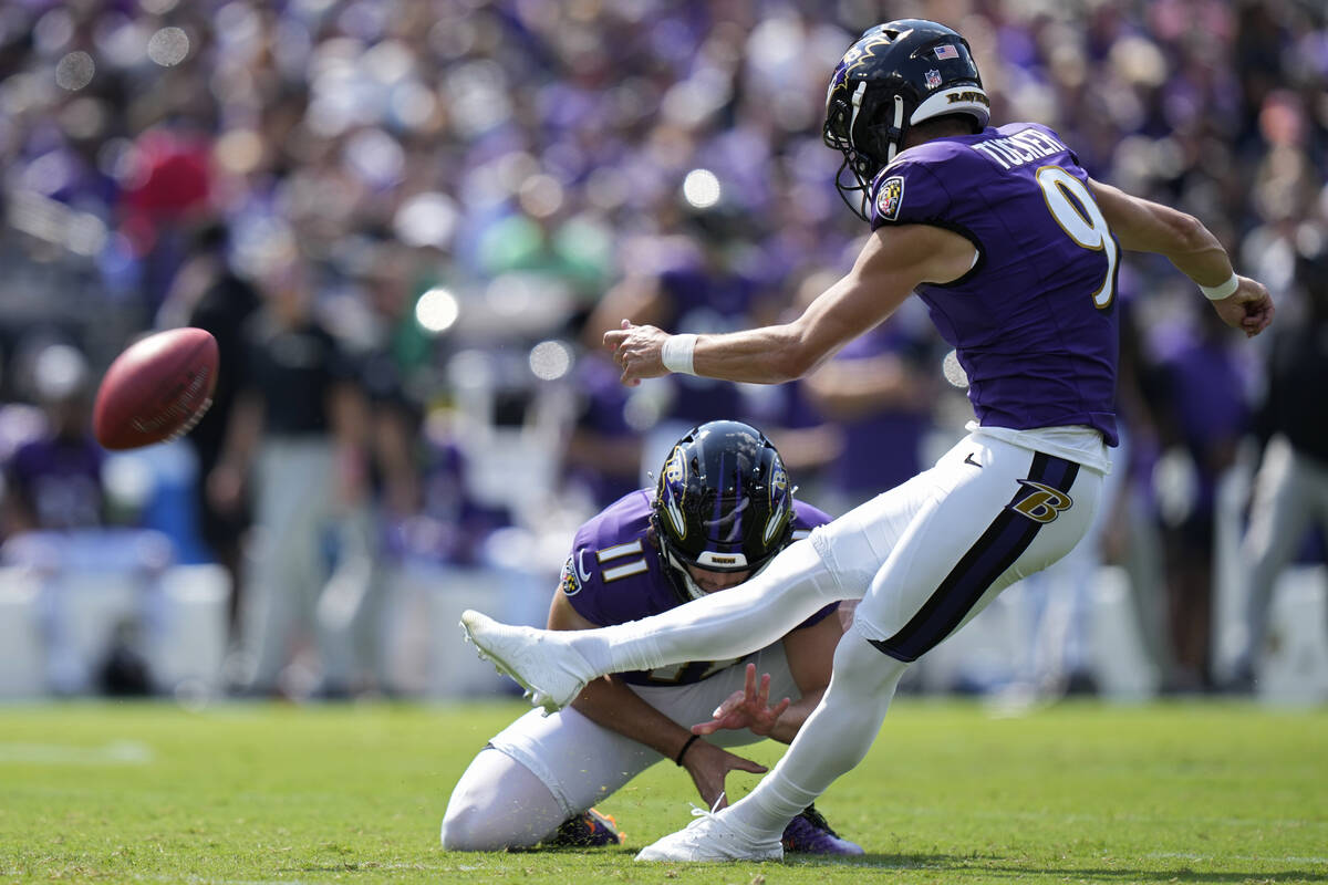 Baltimore Ravens place kicker Justin Tucker (9) kicks a field goal against the Las Vegas Raider ...