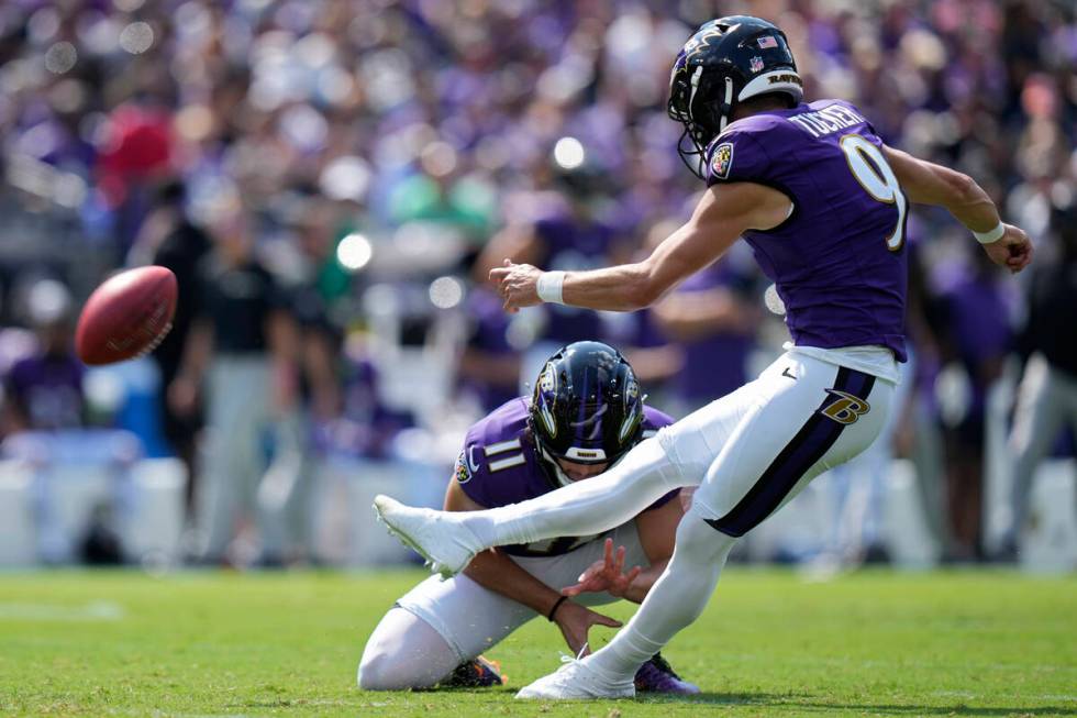 Baltimore Ravens place kicker Justin Tucker (9) kicks a field goal against the Las Vegas Raider ...