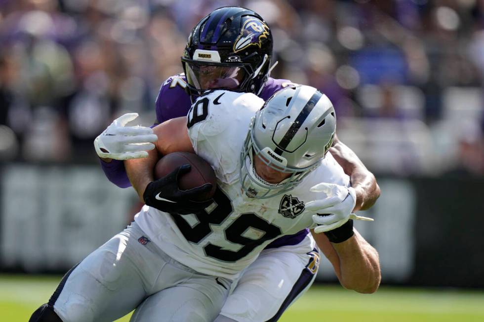 Las Vegas Raiders tight end Brock Bowers (89) runs against the Baltimore Ravens during the seco ...