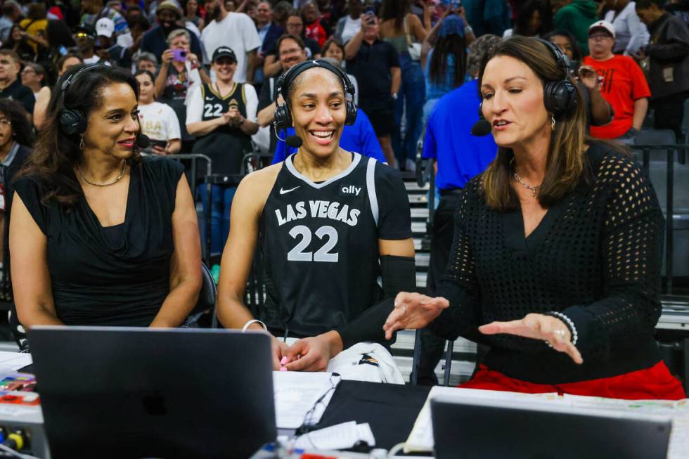 A’ja Wilson is interviewed after becoming the first WNBA player to score 1,000 points du ...