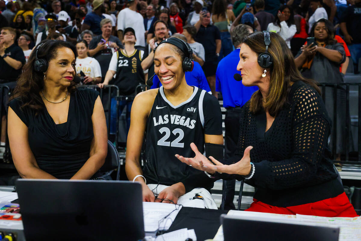 A’ja Wilson is interviewed after becoming the first WNBA player to score 1,000 points du ...