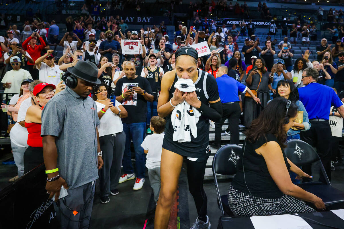 A’ja Wilson finishes an interview after becoming the first WNBA player to score 1,000 po ...