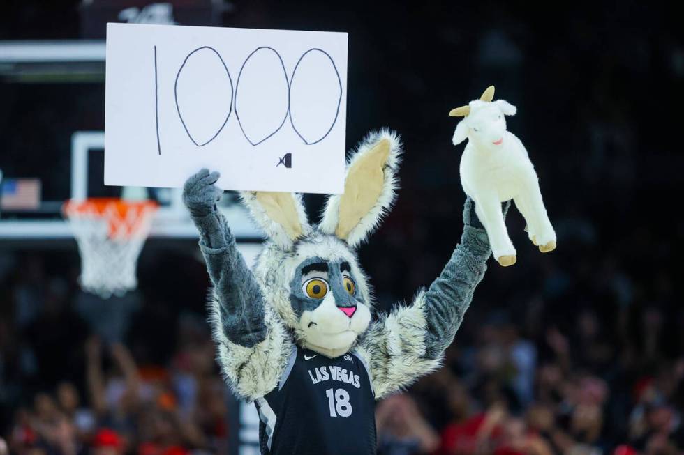 Buckets the Aces mascot celebrates A’ja Wilson becoming the first WNBA player to score 1 ...