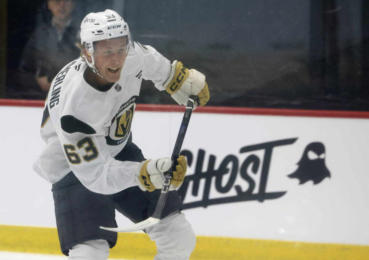 Golden Knights forward Ben Hemmerling (63) watches his shot during first day of Golden Knights ...