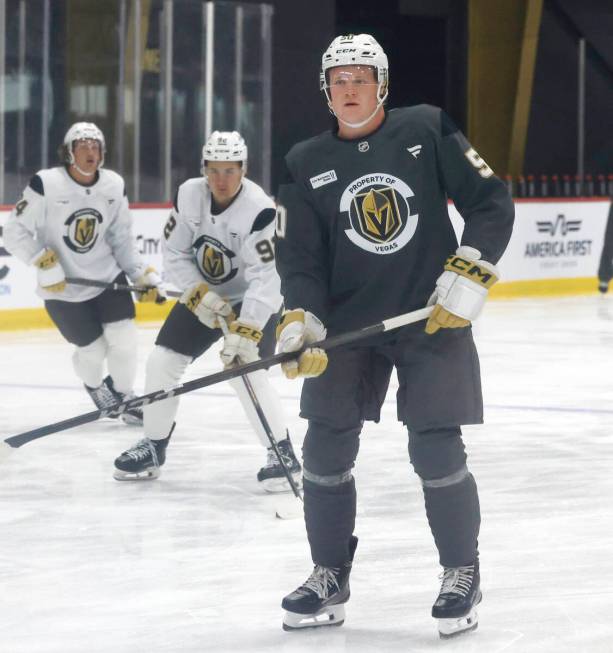 Golden Knights defenseman Joe Fleming (50) skates during first day of Golden Knights rookie cam ...