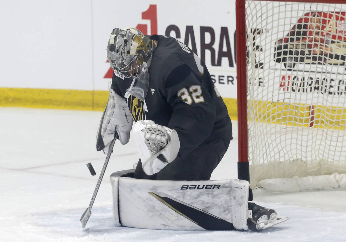 Golden Knights goalie Jesper Vikman (32) blocks a shot during first day of Golden Knights rooki ...