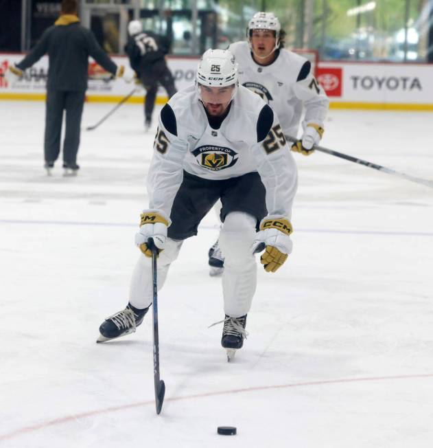 Golden Knights forward Matyas Sapovaliv (25) skates during first day of Golden Knights rookie c ...