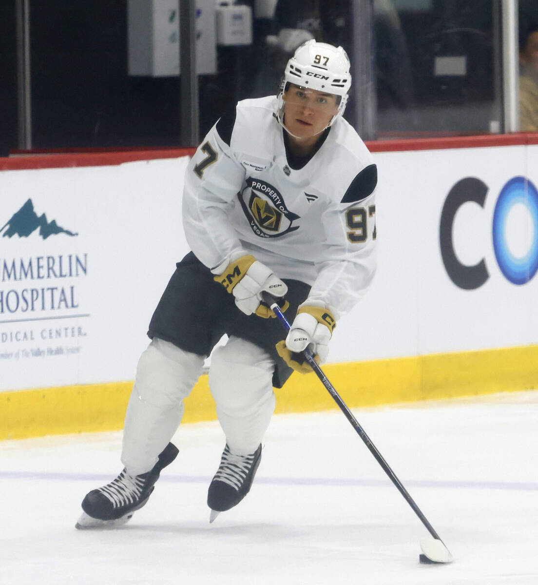 Golden Knights forward Jacob Mathieu (97) skates with the puck during first day of Golden Knigh ...