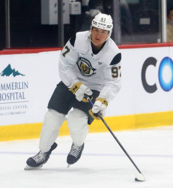 Golden Knights forward Jacob Mathieu (97) skates with the puck during first day of Golden Knigh ...