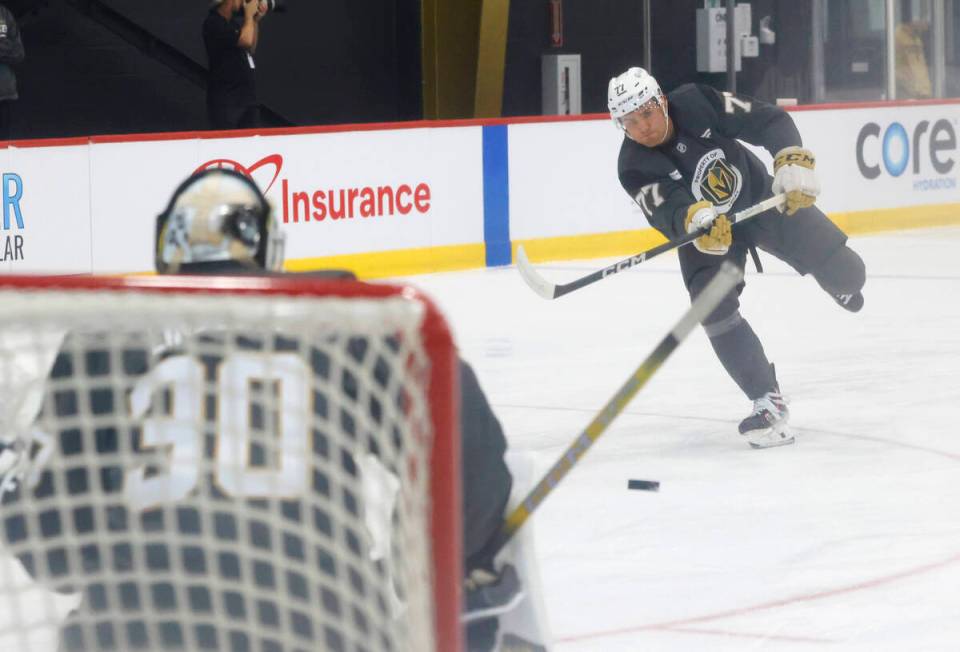 Golden Knights forward Kai Uchacz (77) shoots against goalie Carl Lindbom (30) during first day ...