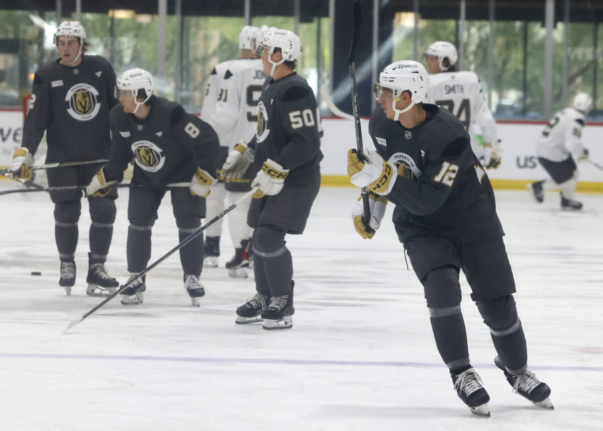 Golden Knights forward Jakub Brabenec (12) skates with the puck during first day of Golden Knig ...