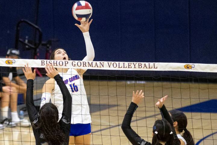 Bishop Gorman junior Charlie Wilson (16) lightly taps the ball over the net during the high sch ...