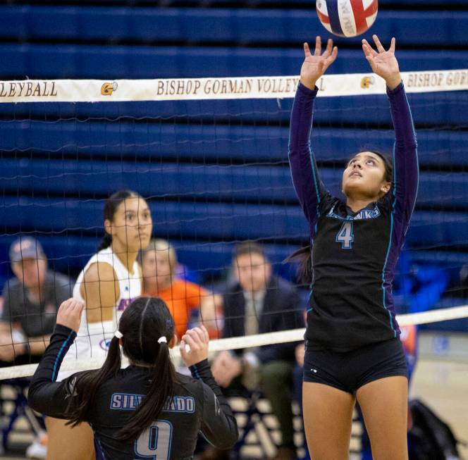 Silverado senior Lovie Aquino (4) competes during the high school volleyball game against Bisho ...