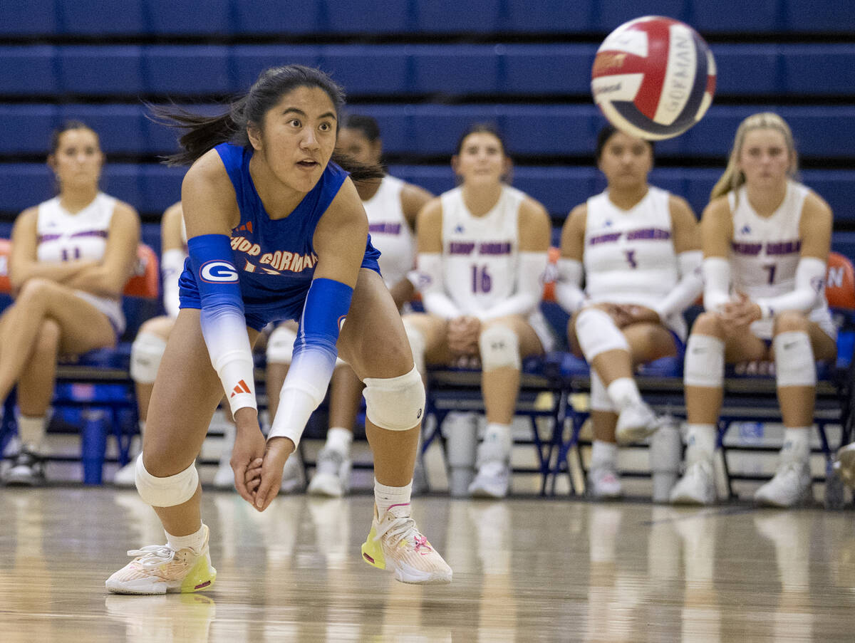 Bishop Gorman sophomore Chloe Lopez (13) competes during the high school volleyball game agains ...