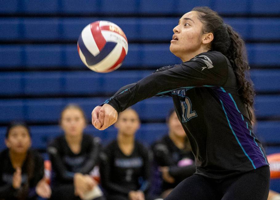 Silverado senior Suriah Roberts (12) competes during the high school volleyball game against Bi ...