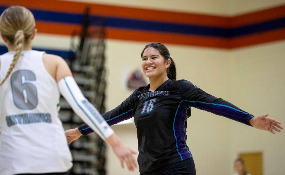 Silverado junior Kalia Roberts (15) celebrates a point during the high school volleyball game a ...